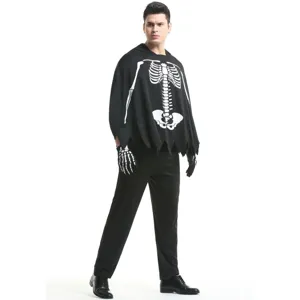 Costume de squelette d'Halloween pour homme cape capuche avec gants imprimé os fête.