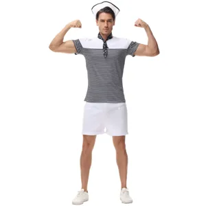 Detailed close-up view of the classic black and white striped sailor costume top and details.