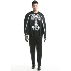 Ensemble costume squelette homme Halloween, cape à capuche avec imprimé d'os et pantalon.