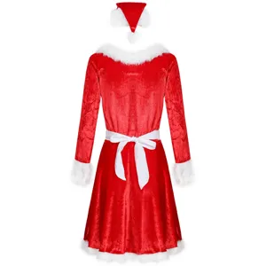 Details of red velvet Christmas costume dress with white faux fur trim and matching Santa hat.