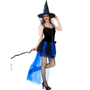 Détails de la robe de costume de sorcière d'Halloween noire et bleue avec chapeau et baguette.