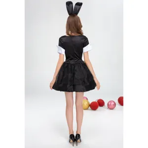 Detailed back view of sexy black bunny girl costume featuring cute ears and dress.