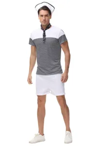 Men sailor costume striped top shorts hat cosplay party nautical outfit for men.