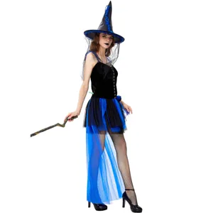 Femme adulte Halloween sorcière costume cosplay robe ensemble avec jupe en tulle noir et bleu.