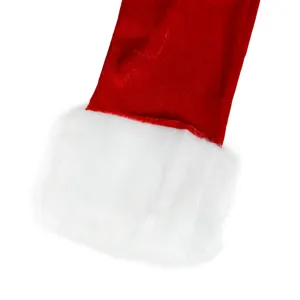 Detailed view of Christmas costume sleeve, featuring red velvet and soft white plush trim.