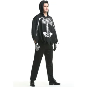 Détail du costume de cape de squelette d'Halloween pour hommes avec gants imprimés.