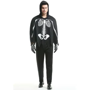 Vue détaillée de l'ensemble de costume de squelette d'Halloween pour hommes, avec cape.