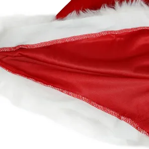 Close-up detail of Christmas costume red satin lining and white faux fur trim stitching.