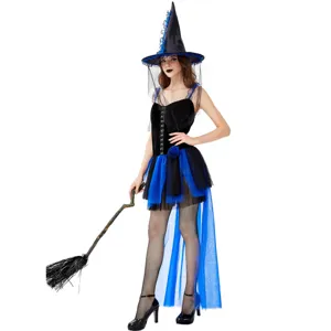Détails du costume de sorcière d'Halloween pour femme, robe en tulle noir et chapeau.
