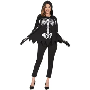 Vue détaillée du costume de cape squelette d'Halloween avec capuche et gants imprimés d'os.