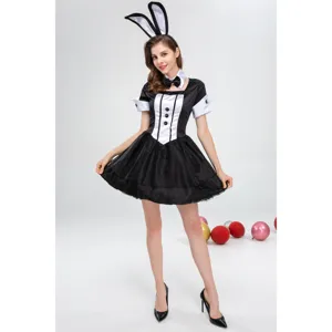 Sexy Roleplay Costume Women Rabbit Themed Dress Set With Headpiece Neck Collar And Cuffs For Halloween Stage Performance Party Wear