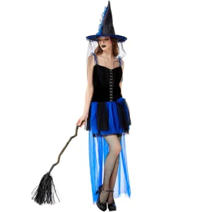 Costume de sorcière d'Halloween pour femme grande taille robe cosplay fête noir et bleu