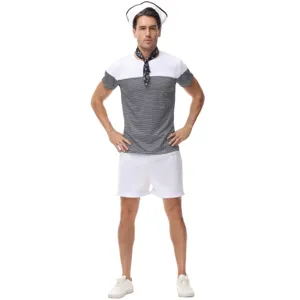 Men's sailor costume striped short sleeve top white shorts set for Halloween party cosplay.