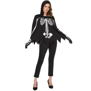 Costume de cape de squelette d'Halloween avec capuche et imprimé d'os pour cosplay.