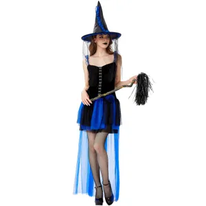 Vue détaillée du costume de sorcière d'Halloween pour femme avec robe et chapeau élégants.