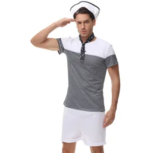 Men's sailor costume striped top hat shorts set for Halloween party cosplay performance.
