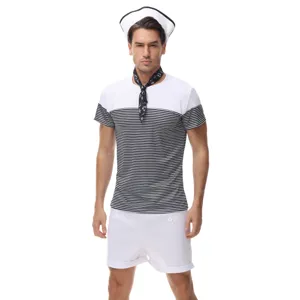 Detailed view of the men's sailor costume, featuring a striped tee and white shorts for cosplay.