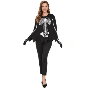 Détail de costume de poncho squelette d'Halloween avec impression d'os blanc vif.