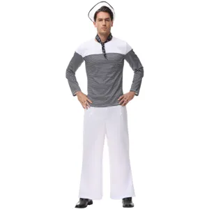 Detailed view of men's sailor costume, black and white striped top, white pants and hat.