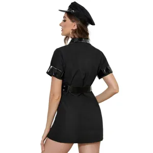Close-up view of the black roleplay police uniform dress and matching hat showing back detail.