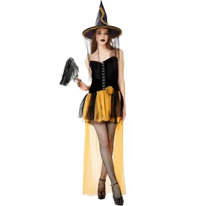 Déguisement sorcière Halloween robe adulte cosplay ensemble grande taille noir jaune détail