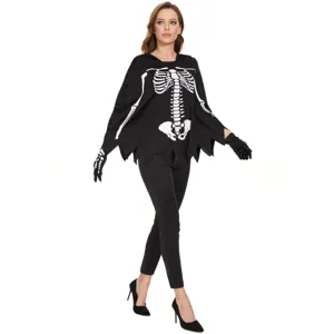 Déguisement squelette Halloween cape poncho noir avec imprimé os pour femme fête