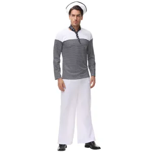 Sailor costume detail showcasing the classic striped top and white trousers texture.