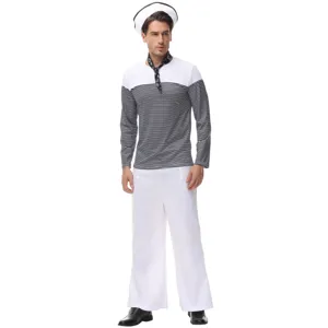 Details of the classic men's sailor costume, featuring striped top and white trousers.