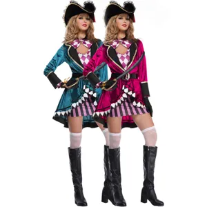 Women Caribbean Pirate Cosplay Costume Halloween Party Performance Outfit Velvet Jacket Dress And Hat Accessories