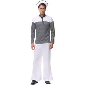 Detailed shot of the men's sailor costume featuring striped long-sleeve top and white trousers.