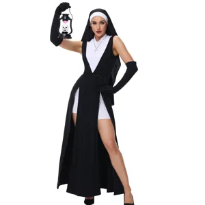 Women Gothic Nun Halloween Costume Set Slit Maxi Dress With Hood Gloves Cosplay Stage Performance Outfit