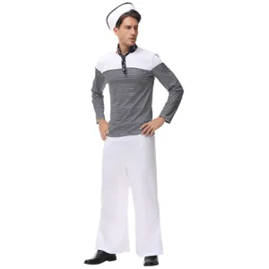 Men's sailor costume set featuring striped top, matching pants, and hat for cosplay parties.
