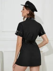 Sexy black police role play costume dress with matching police hat and belt set