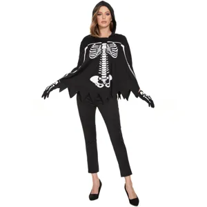 Détail de costume de cape à capuche squelette d'Halloween avec gants à motif d'os.