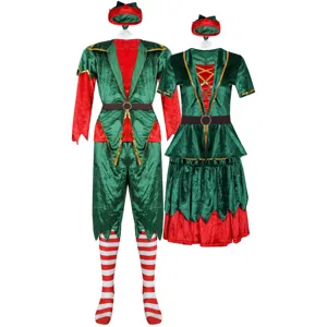 Détail du costume de couple lutin de Noël, tenue cosplay en velours vert et rouge.