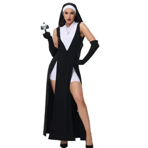 Sexy gothic nun cosplay costume set for Halloween parties, high slit dress with headpiece.