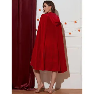 Red hooded velvet cape for women halloween cosplay costume detail back view display.