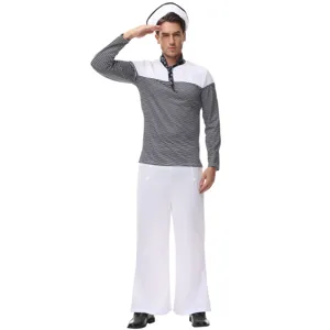 Detailed close-up showing the classic men nautical sailor costume top and white trousers fit.