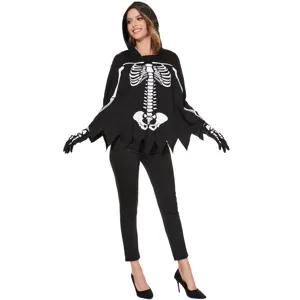 Vue detaillee du costume de cape a capuche squelette d Halloween avec impression.