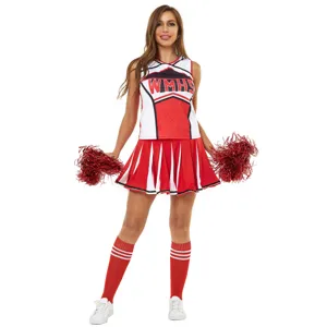 Sexy women cheerleading costume set with top skirt socks and pompoms for dance performance.