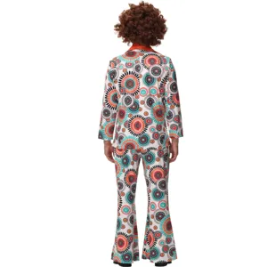 Détail de dos d'un costume disco rétro des années 70 avec motif coloré et pantalon.