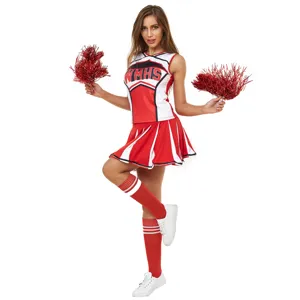 Sexy red white cheerleader costume set with crop top, pleated skirt and pom-poms for cosplay.