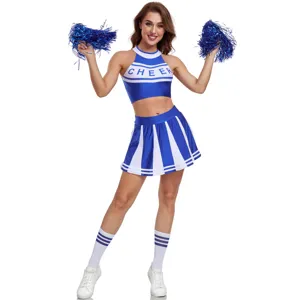 Blue and white cheerleading costume detail, crop top and pleated skirt for women stage show.