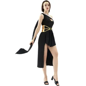 Greek goddess Athena cosplay costume black dress with gold belt and headband for party stage show