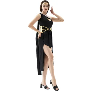Sexy medieval Athena goddess cosplay costume detail view, elegant black dress with gold accessories.