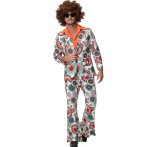 Vue détaillée du costume disco des années 70 avec blazer à motif psychédélique et patte d'éph.