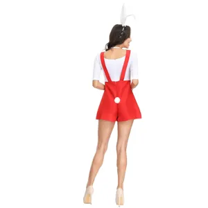 Sexy bunny girl costume detail featuring red romper, white top, and cute fluffy tail.