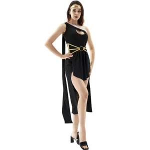 Medieval Athena goddess cosplay costume black one-shoulder dress with golden belt details