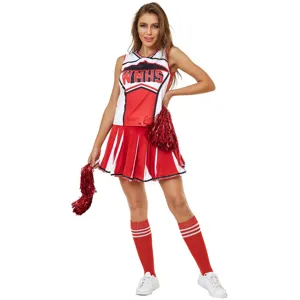 Sexy WMHS cheerleader costume set for women, red white pleated skirt with pompoms and socks.