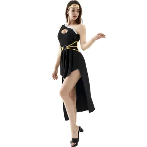 Women medieval Greek goddess Athena costume sexy black one-shoulder dress for Halloween party.